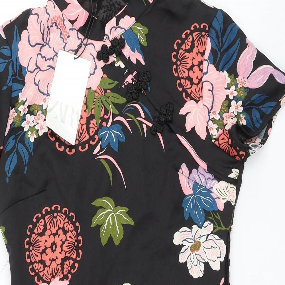 Zara Womens Black Floral Polyester Mini Size S Round Neck Button