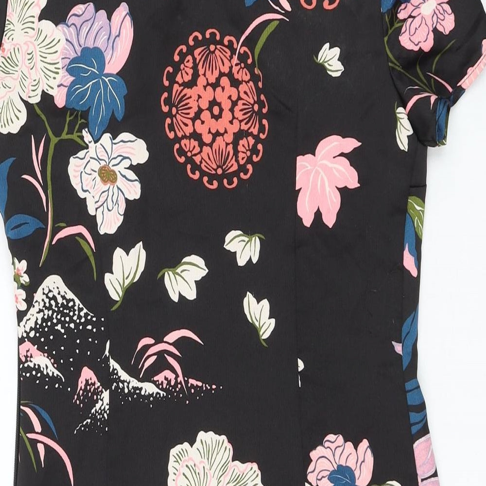 Zara Womens Black Floral Polyester Mini Size S Round Neck Button