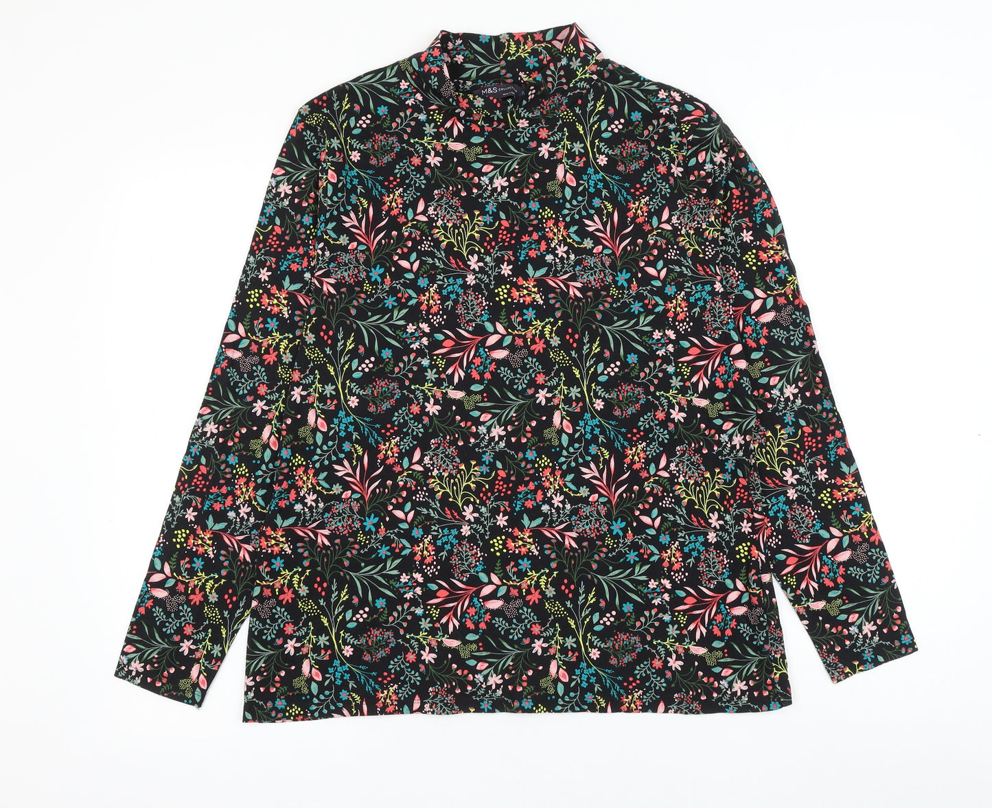 Marks and Spencer Womens Black Floral Cotton Basic T-Shirt Size 18 Mock Neck