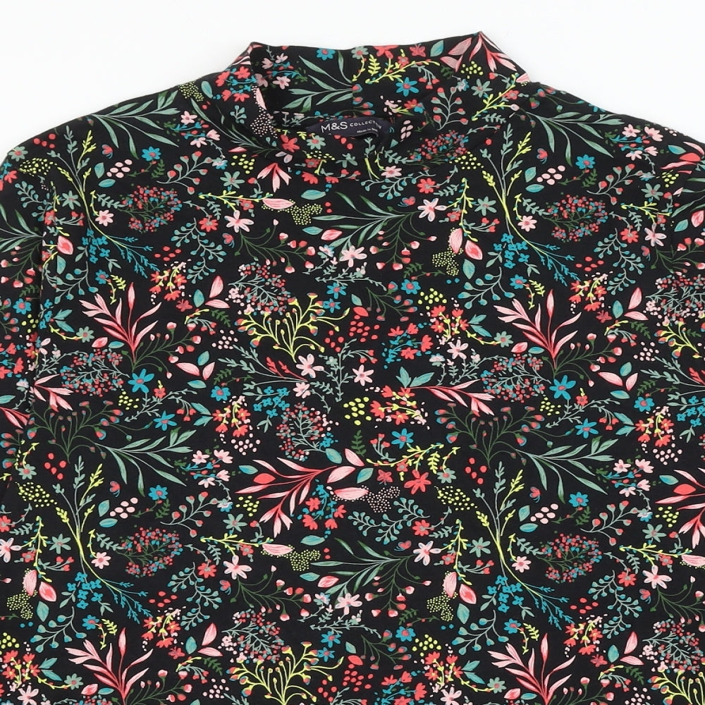 Marks and Spencer Womens Black Floral Cotton Basic T-Shirt Size 18 Mock Neck