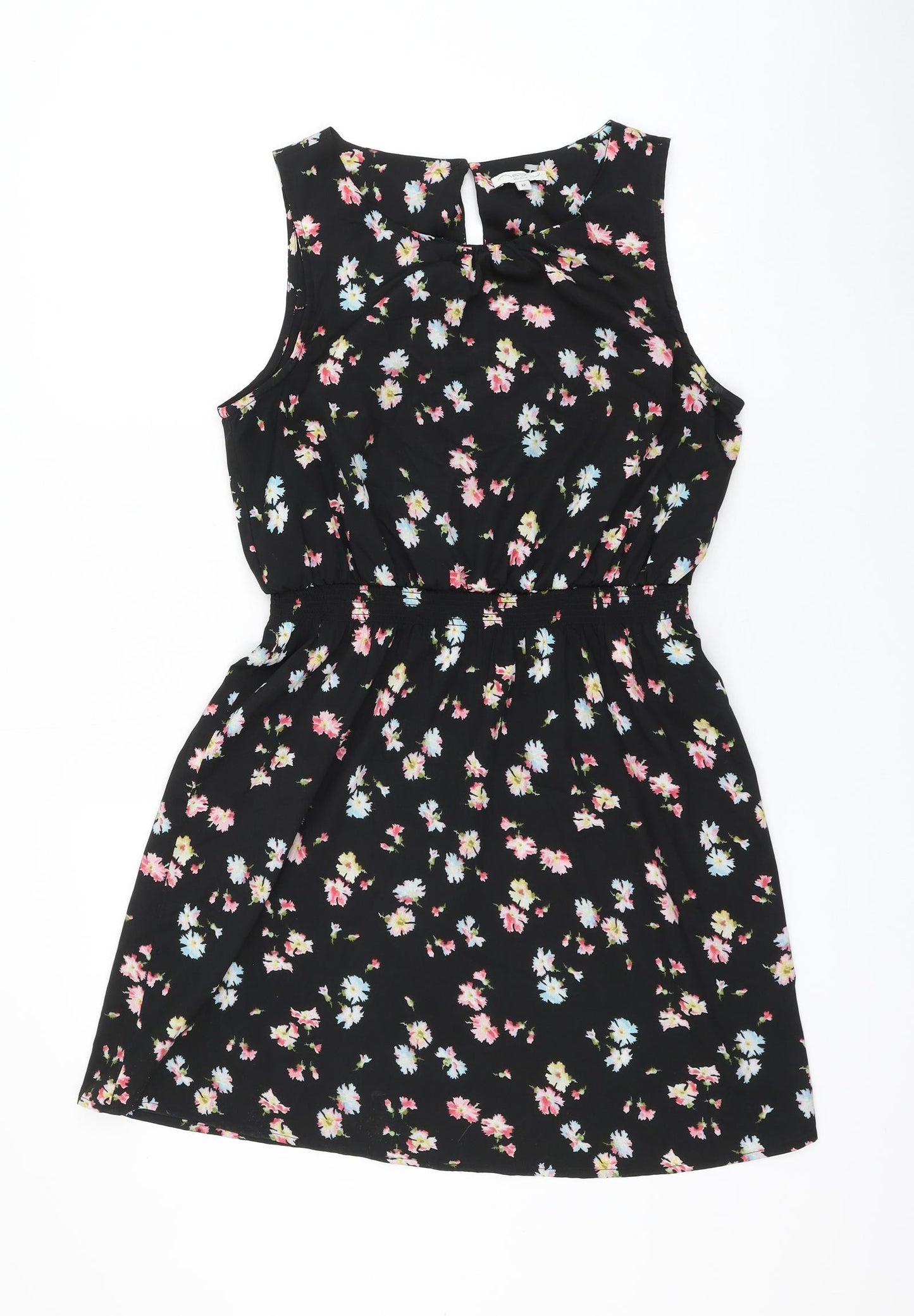 NEWLOO Womens Black Floral Polyester Shift Size 12 Round Neck Button