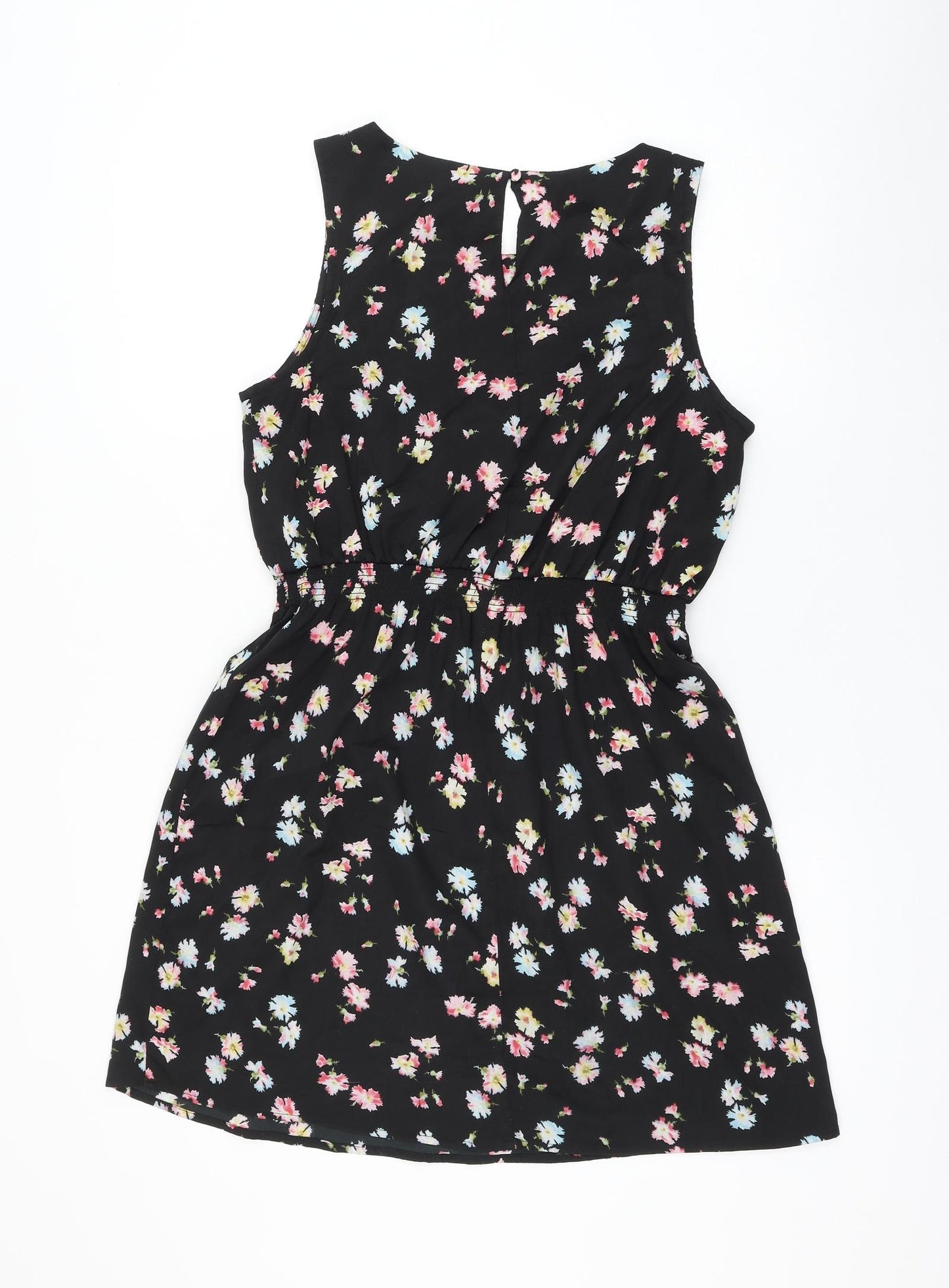 NEWLOO Womens Black Floral Polyester Shift Size 12 Round Neck Button