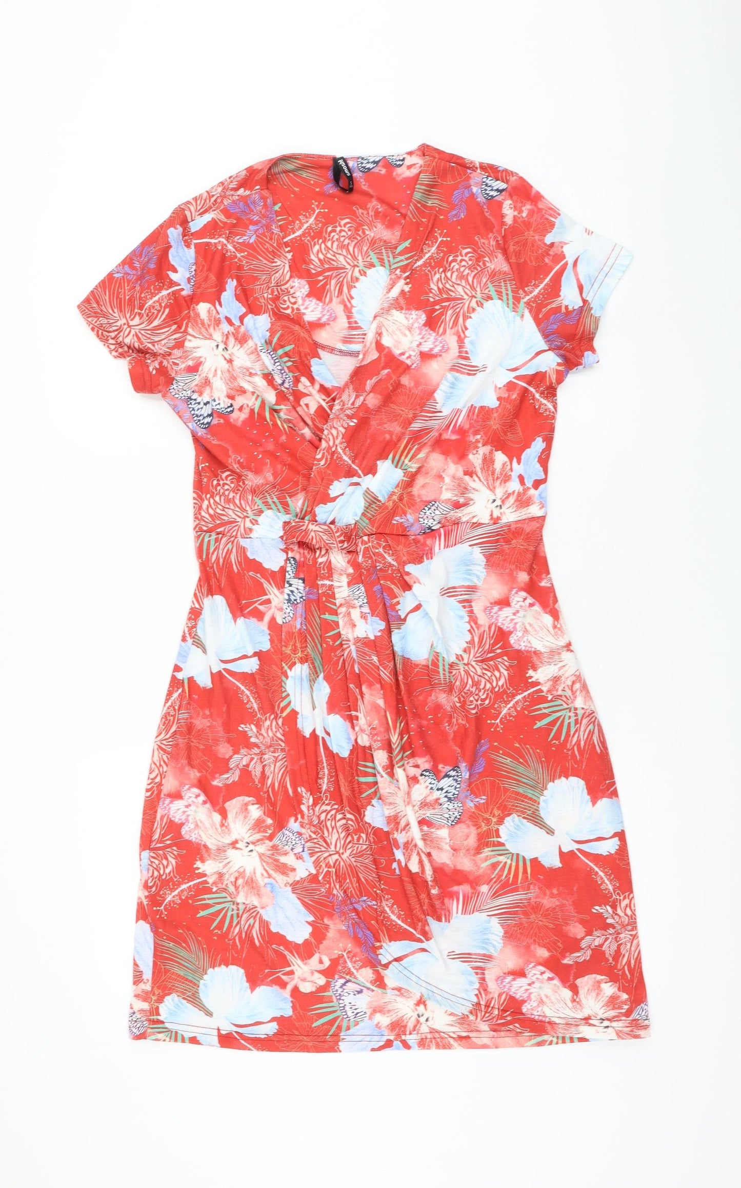 Smash Womens Red Floral Polyester Wrap Dress Size M V-Neck Pullover