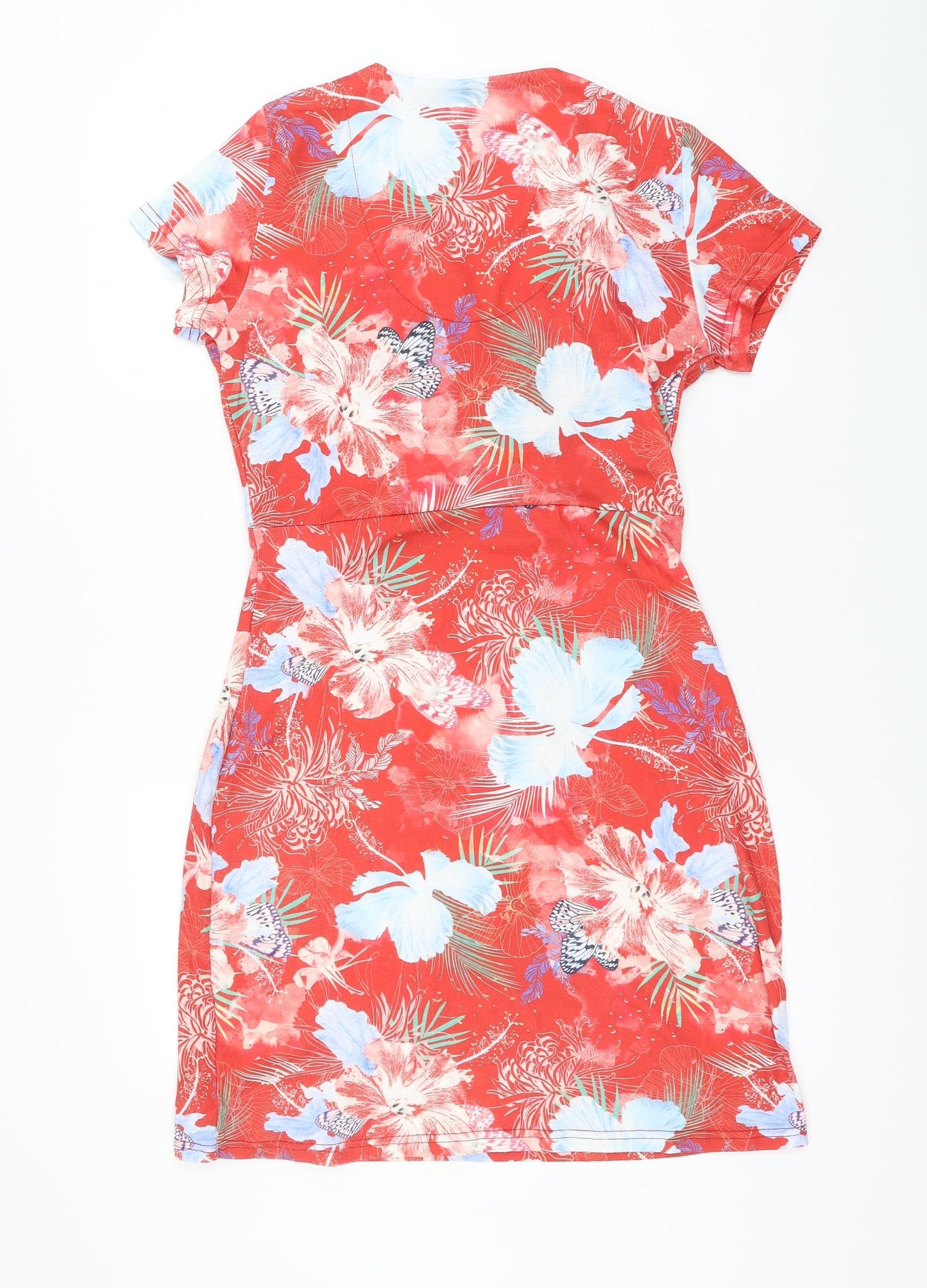 Smash Womens Red Floral Polyester Wrap Dress Size M V-Neck Pullover