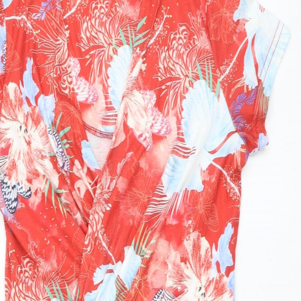 Smash Womens Red Floral Polyester Wrap Dress Size M V-Neck Pullover