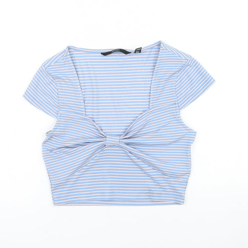 Vera Moda Womens Blue Striped Polyester Cropped Blouse Size XS Scoop Neck - Knot Front
