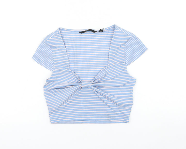 Vera Moda Womens Blue Striped Polyester Cropped Blouse Size XS Scoop Neck - Knot Front