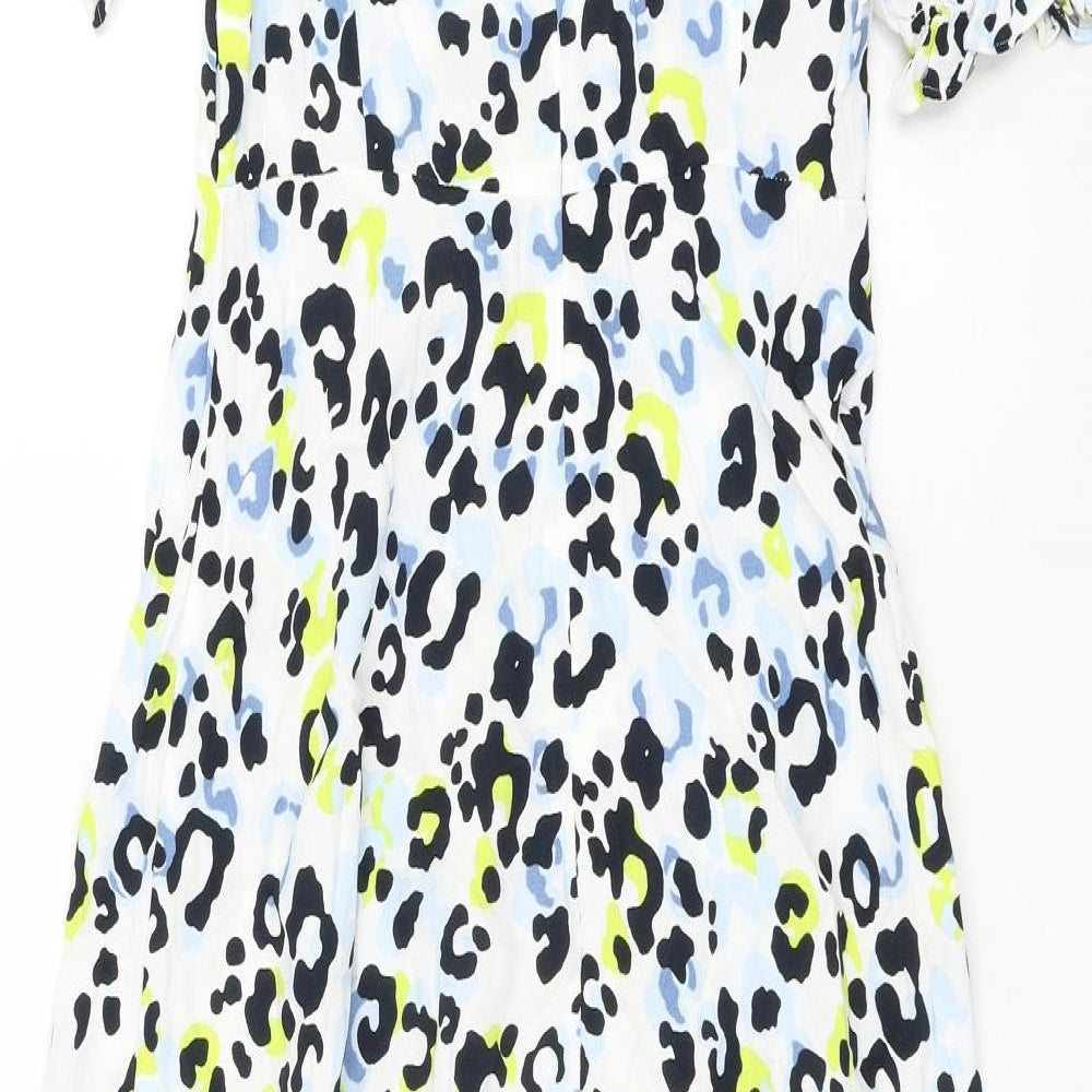 Marks and Spencer Womens White Animal Print Viscose A-Line Size 8 Round Neck Zip