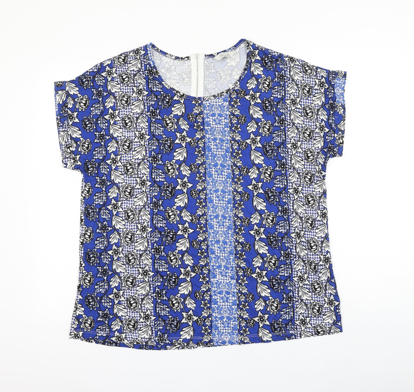 Peacocks Womens Blue Floral Viscose Basic T-Shirt Size 20 Round Neck