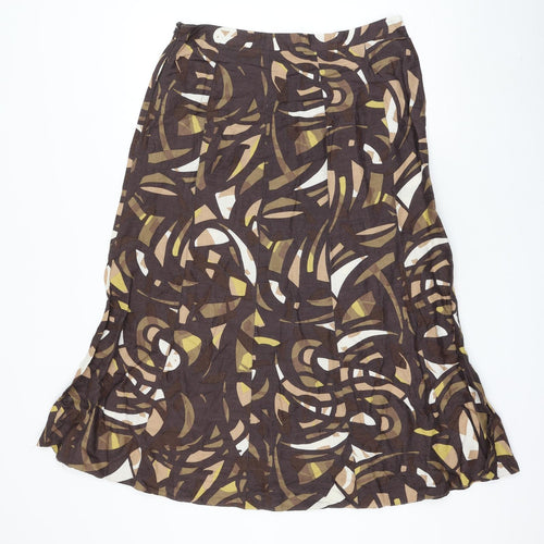 Marks and Spencer Womens Brown Geometric Ramie A-Line Skirt Size 14 Zip