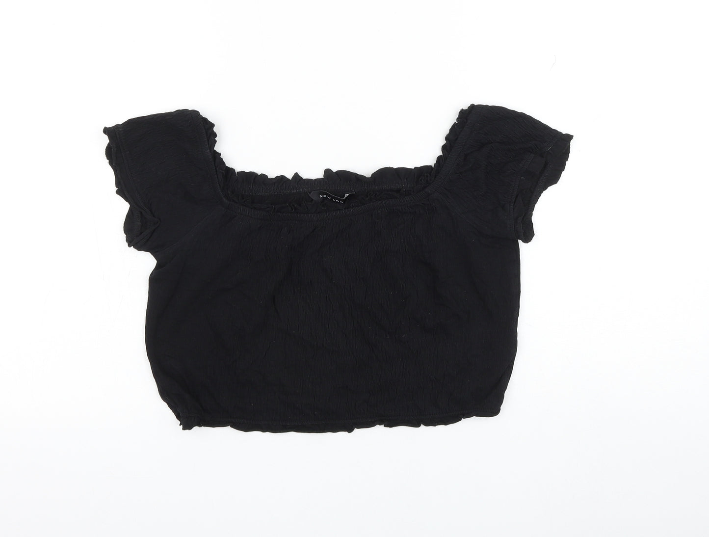 New Look Womens Black Cotton Cropped Blouse Size 12 Boat Neck