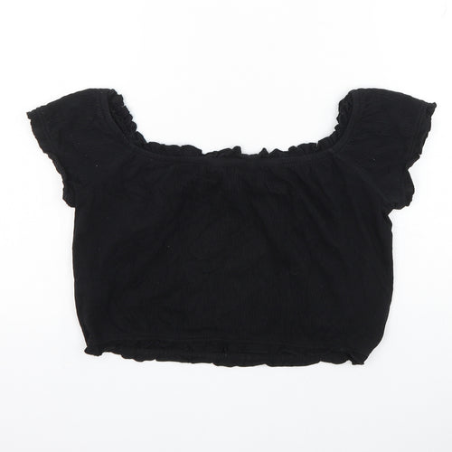 New Look Womens Black Cotton Cropped Blouse Size 12 Boat Neck