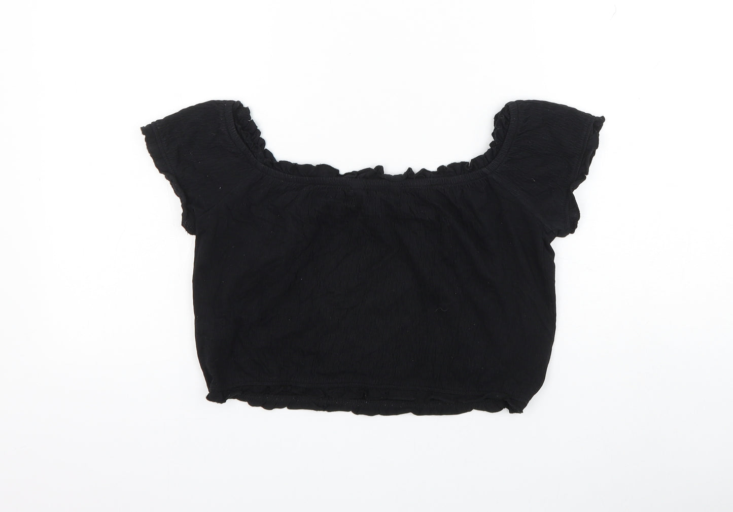 New Look Womens Black Cotton Cropped Blouse Size 12 Boat Neck