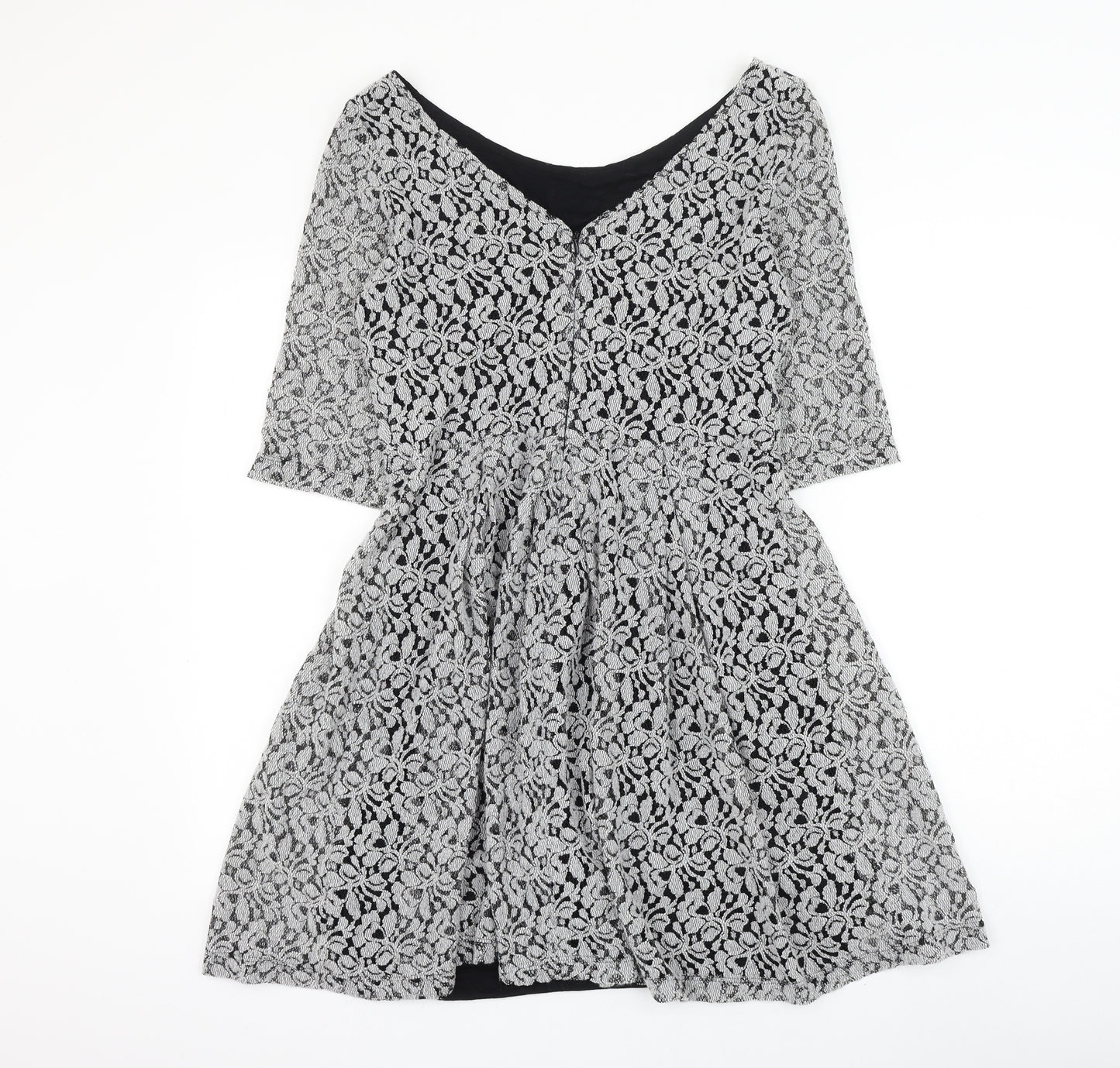 NEXT Womens Grey Floral Polyester Skater Dress Size 10 V-Neck Pullover