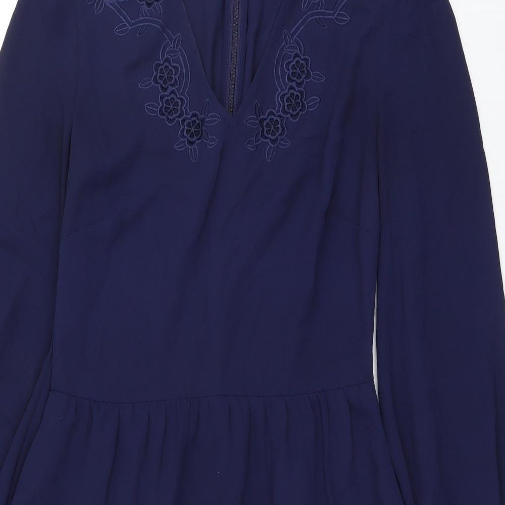 Warehouse Womens Blue Polyester Skater Dress Size 6 V-Neck Zip