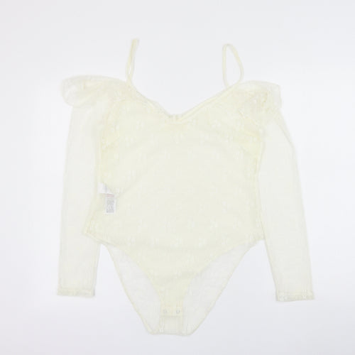 New Look Womens White Floral Nylon Bodysuit One-Piece Size 16 Snap