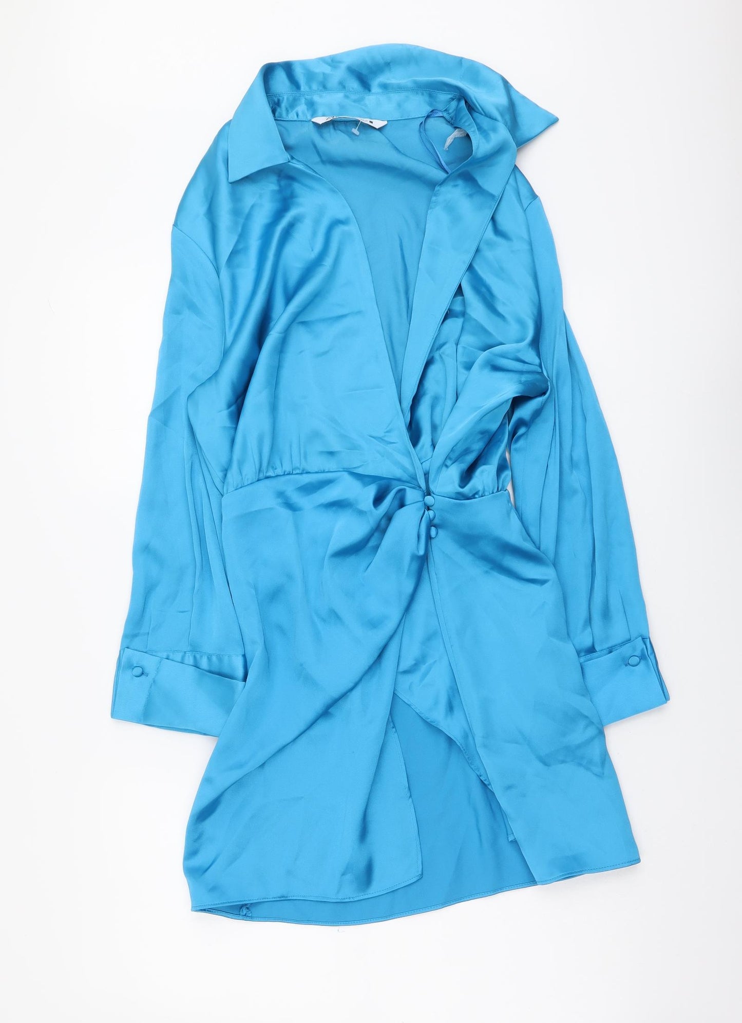Zara Womens Blue Polyester Shirt Dress Size XL Collared Zip