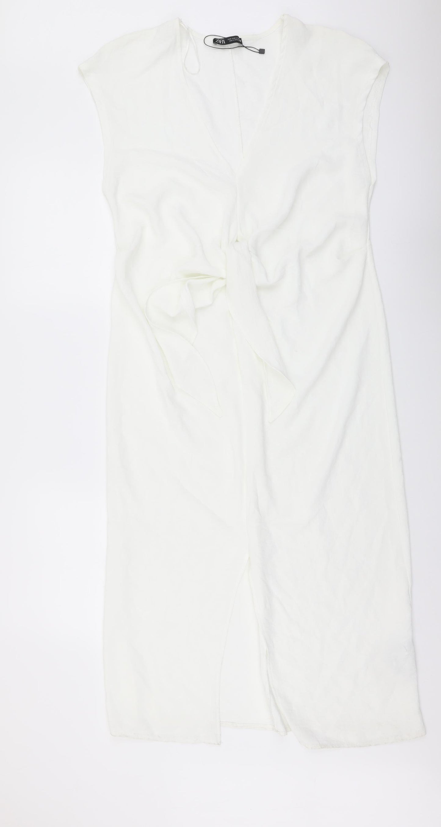 Zara Womens Ivory Polyester Tank Dress Size M V-Neck Pullover - Knot Front