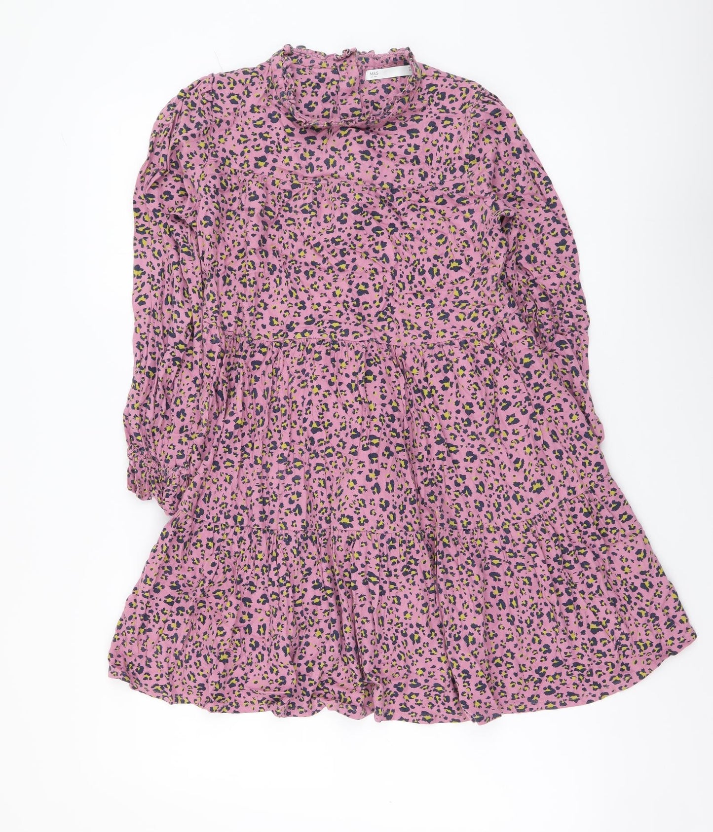 Marks and Spencer Girls Purple Animal Print Viscose A-Line Size 9-10 Years Mock Neck Button - Leopard Pattern