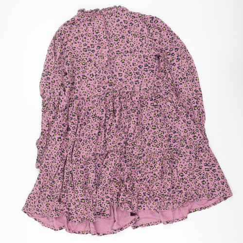 Marks and Spencer Girls Purple Animal Print Viscose A-Line Size 9-10 Years Mock Neck Button - Leopard Pattern