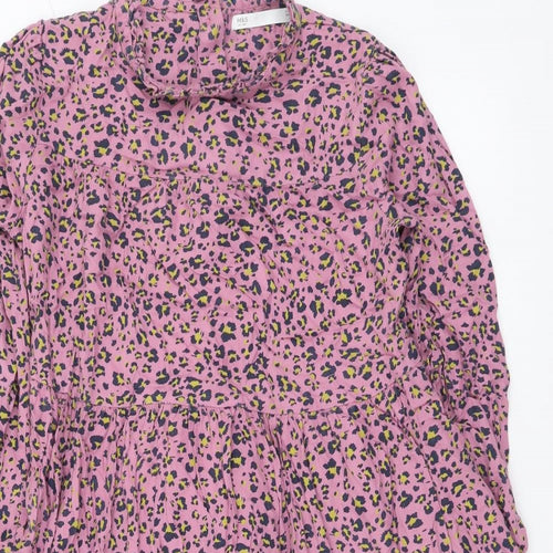 Marks and Spencer Girls Purple Animal Print Viscose A-Line Size 9-10 Years Mock Neck Button - Leopard Pattern
