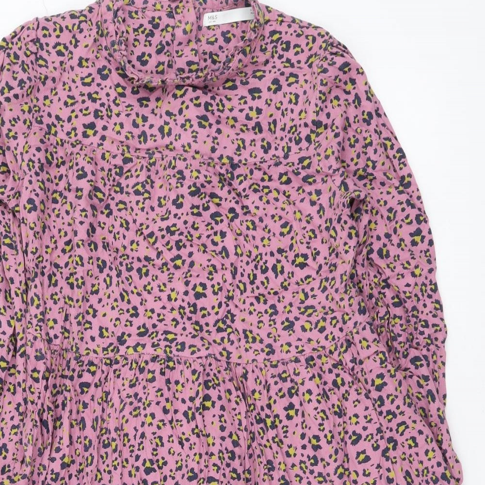 Marks and Spencer Girls Purple Animal Print Viscose A-Line Size 9-10 Years Mock Neck Button - Leopard Pattern