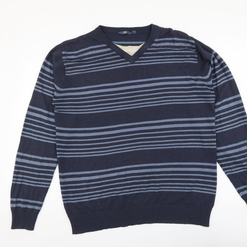 Easy Womens Blue V-Neck Striped Acrylic Pullover Jumper Size L