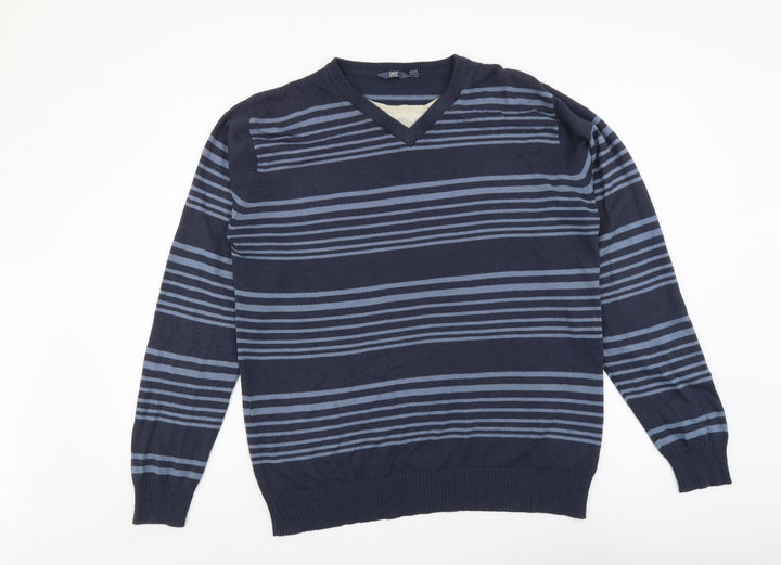 Easy Womens Blue V-Neck Striped Acrylic Pullover Jumper Size L