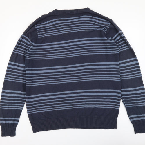 Easy Womens Blue V-Neck Striped Acrylic Pullover Jumper Size L