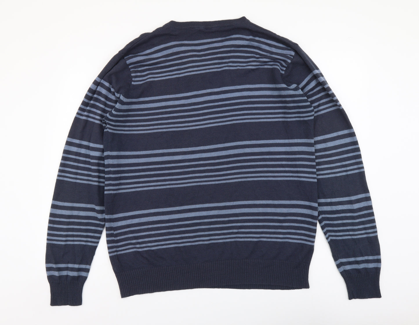Easy Womens Blue V-Neck Striped Acrylic Pullover Jumper Size L