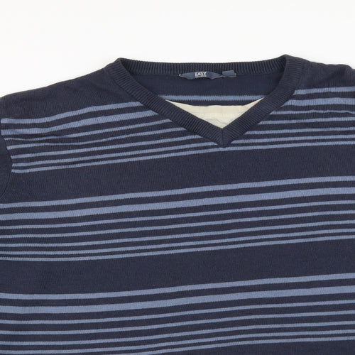Easy Womens Blue V-Neck Striped Acrylic Pullover Jumper Size L