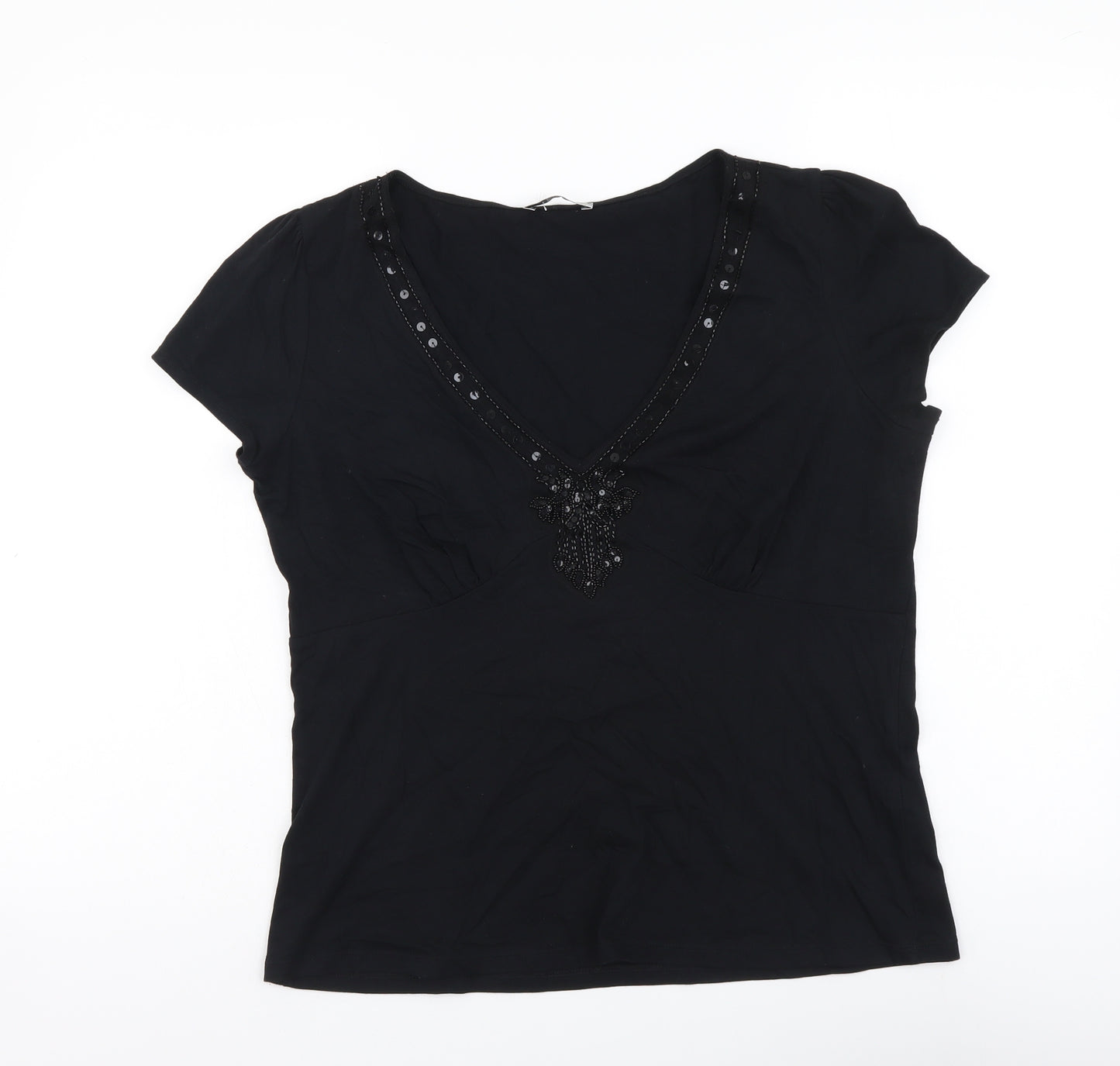 Marks and Spencer Womens Black Cotton Basic T-Shirt Size 14 V-Neck