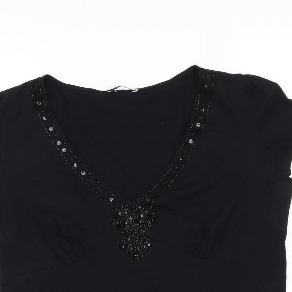 Marks and Spencer Womens Black Cotton Basic T-Shirt Size 14 V-Neck