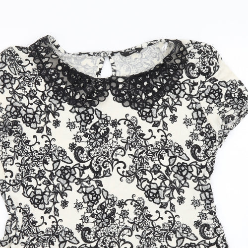 M&Co Womens Beige Floral Viscose Basic Blouse Size 14 Collared