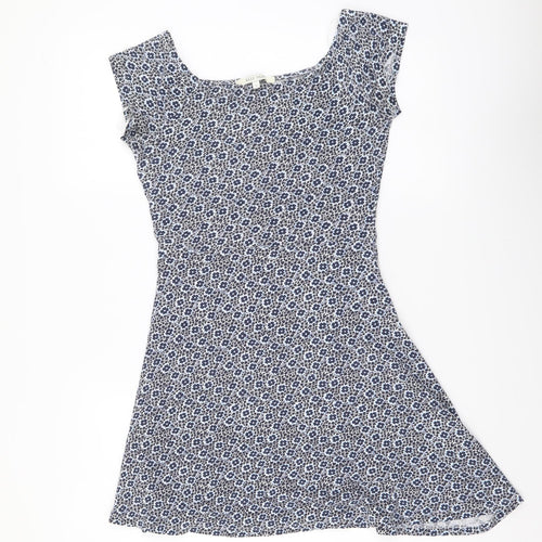 Easy Wear Womens Blue Floral Cotton Mini Size S Boat Neck Pullover