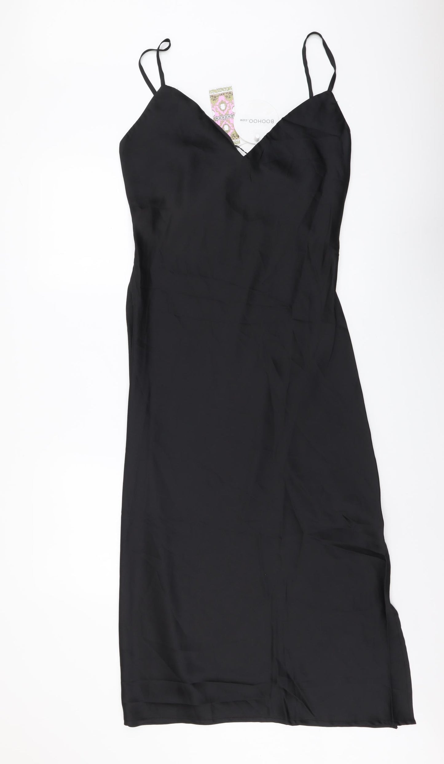 Boohoo Womens Black Polyester Slip Dress Size 14 V-Neck Pullover