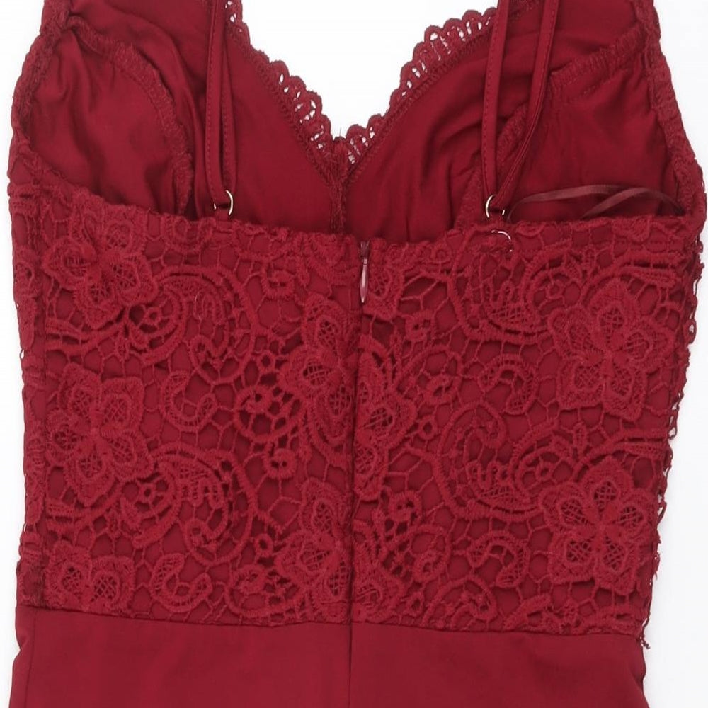 Boohoo Womens Red Polyester Bodysuit One-Piece Size S Snap