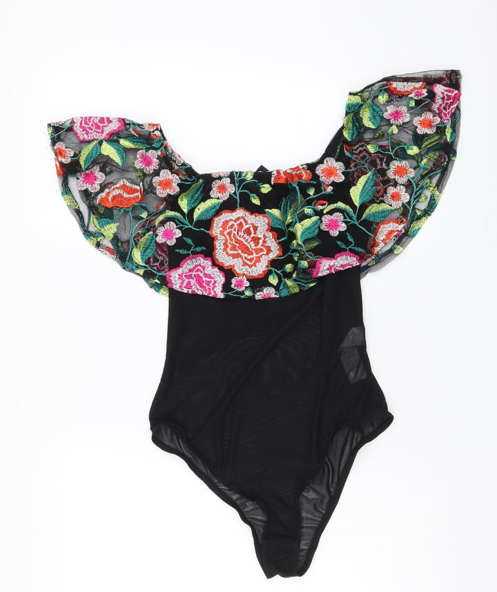New Look Womens Black Floral Polyester Bodysuit One-Piece Size 8 Snap