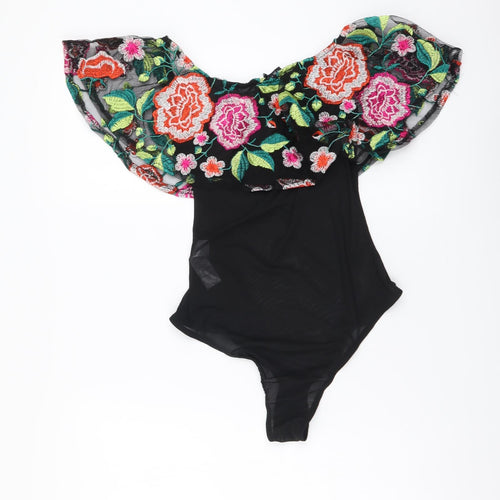 New Look Womens Black Floral Polyester Bodysuit One-Piece Size 8 Snap