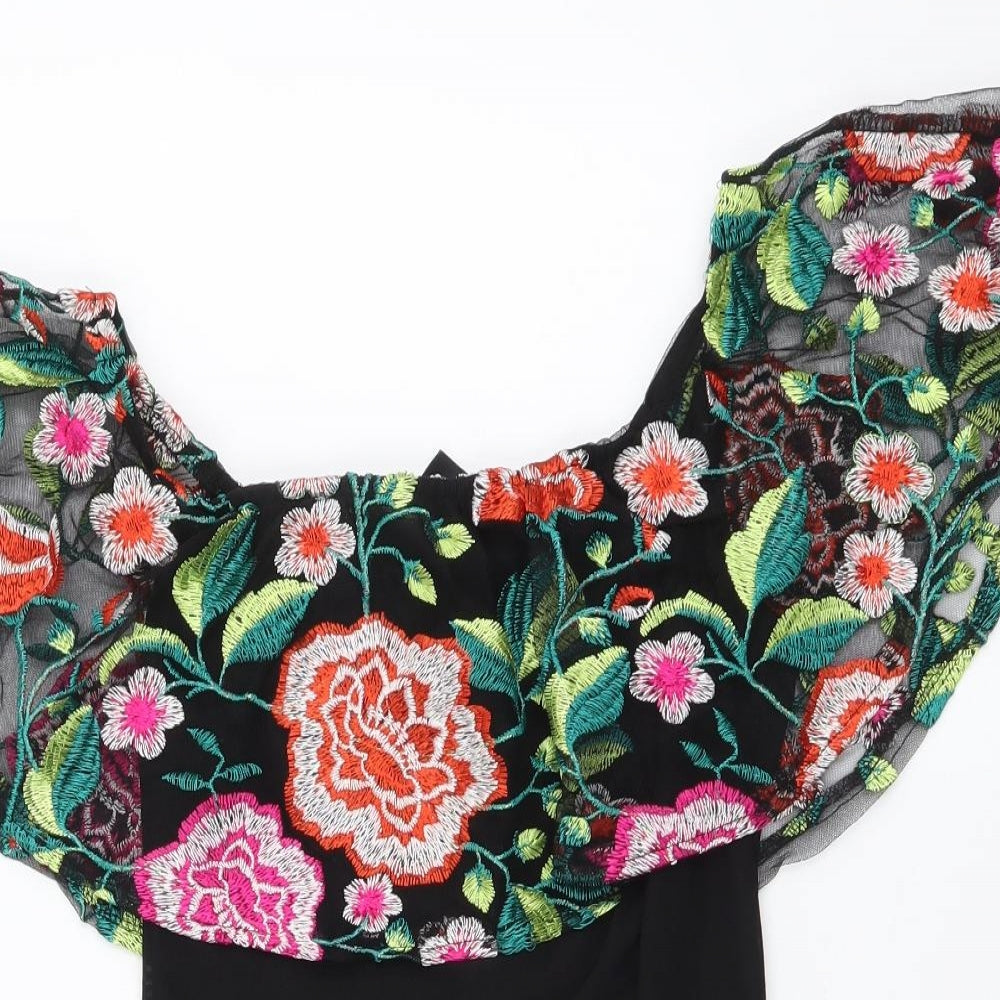 New Look Womens Black Floral Polyester Bodysuit One-Piece Size 8 Snap
