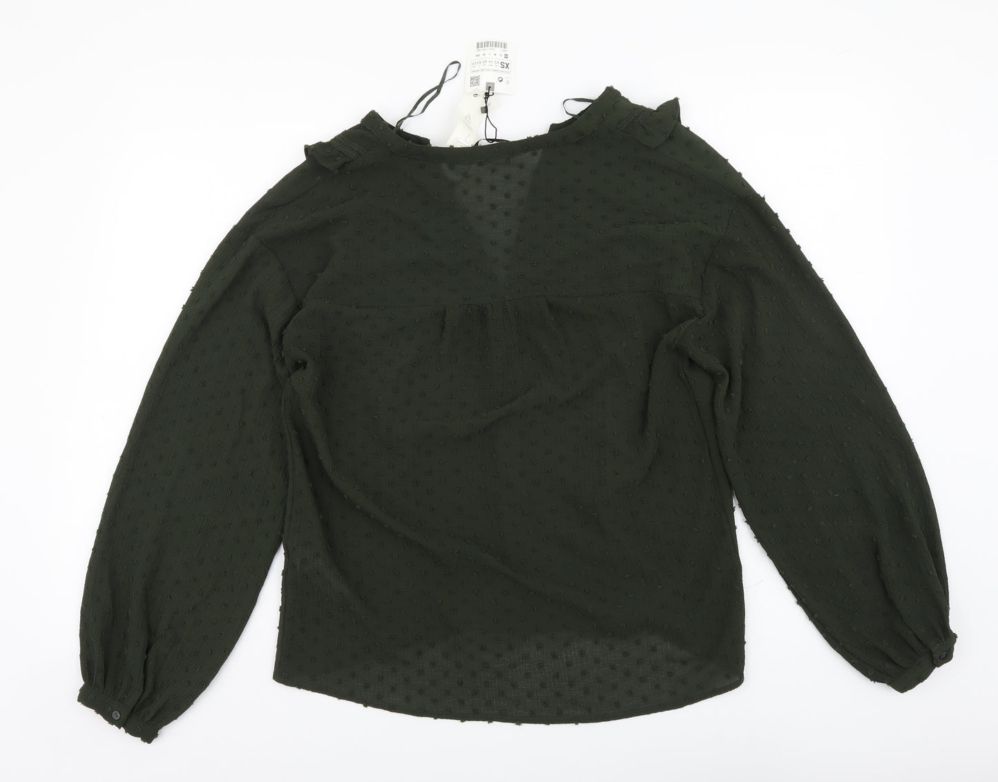 Zara Womens Green Geometric Polyester Basic Blouse Size XS V-Neck