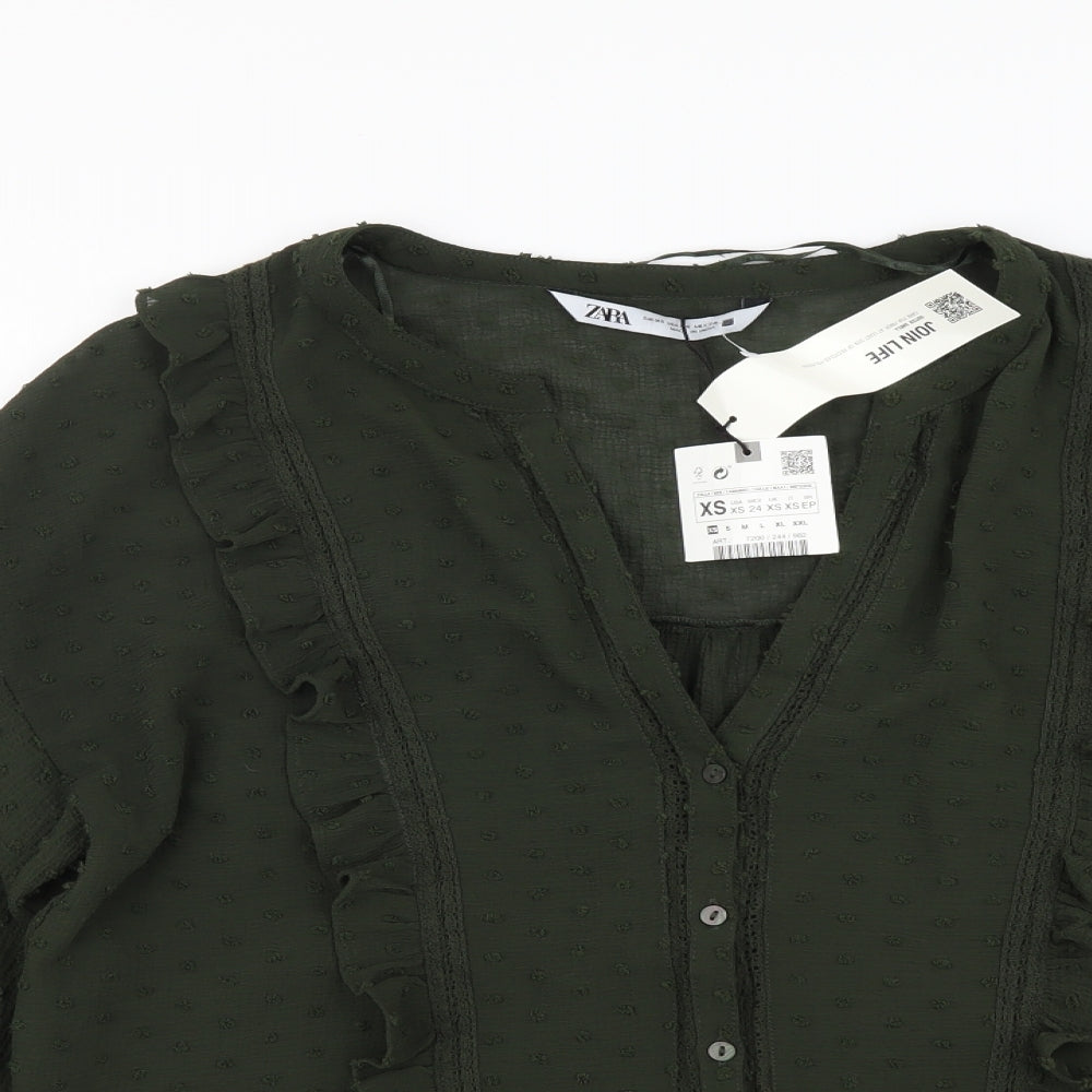 Zara Womens Green Geometric Polyester Basic Blouse Size XS V-Neck