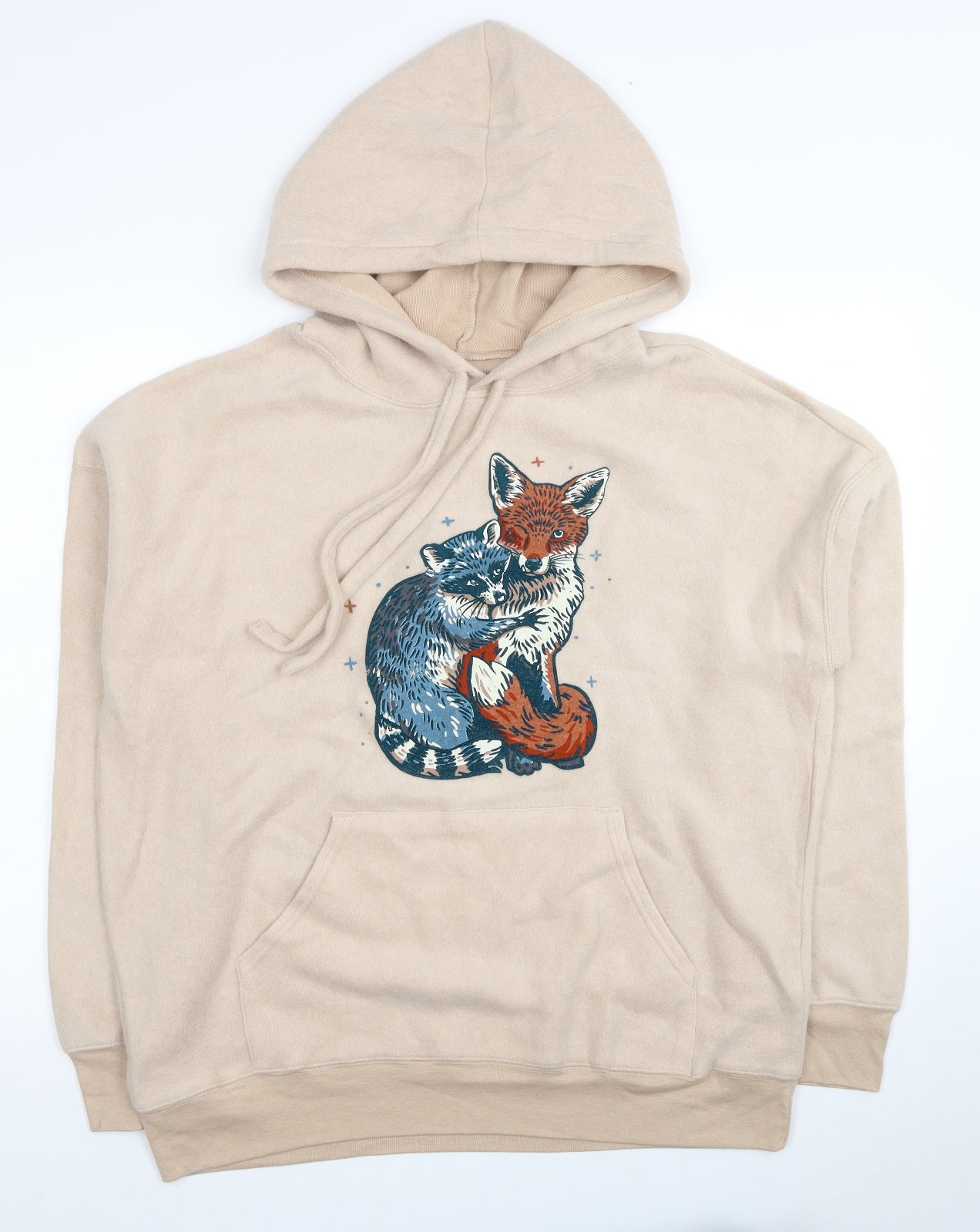 The Happiest Fox Womens Beige Polyester Pullover Hoodie Size M Pullover - Happy Racoon & Fox