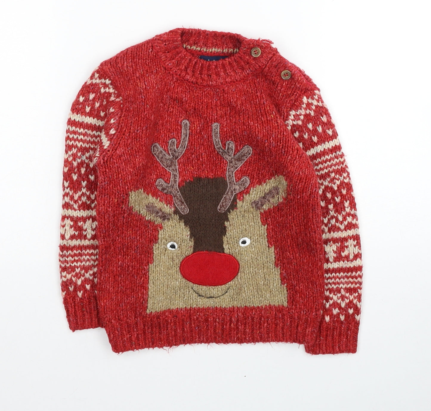 NEXT Baby Red Geometric Cotton Pullover Jumper Size 18-24 Months Button - Reindeer Christmas
