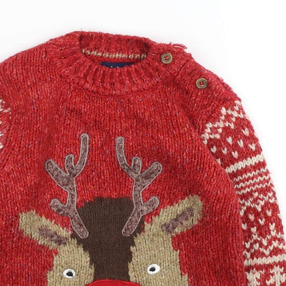 NEXT Baby Red Geometric Cotton Pullover Jumper Size 18-24 Months Button - Reindeer Christmas