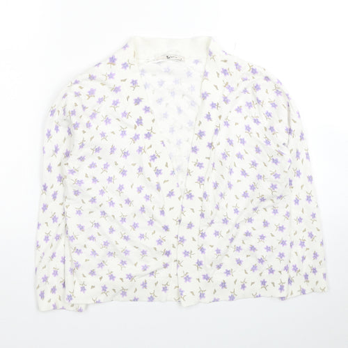 TU Womens White V-Neck Floral Cotton Cardigan Jumper Size 8
