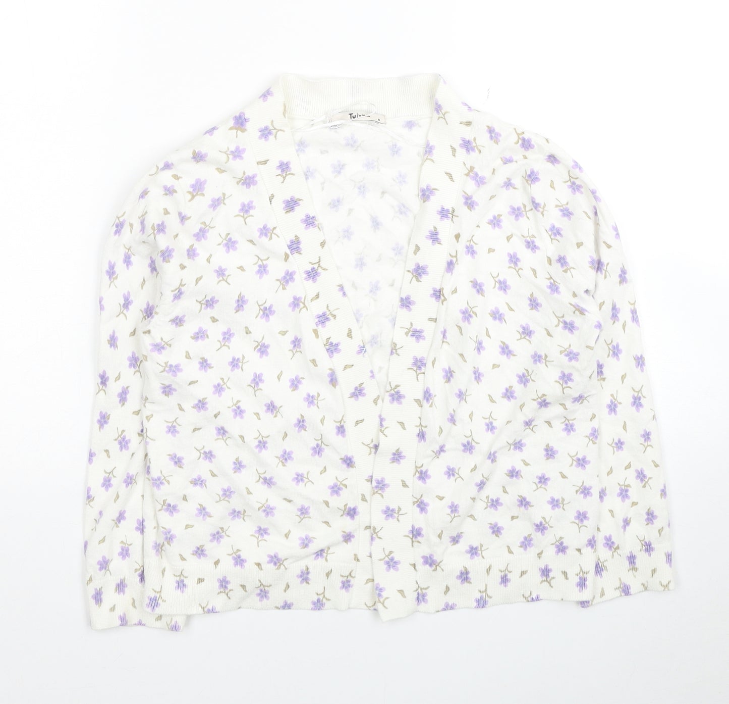 TU Womens White V-Neck Floral Cotton Cardigan Jumper Size 8