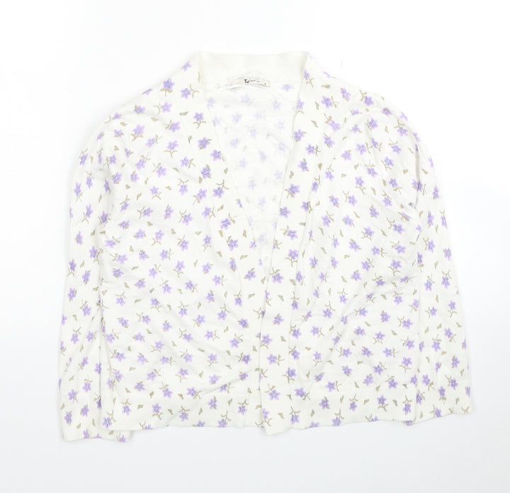 TU Womens White V-Neck Floral Cotton Cardigan Jumper Size 8
