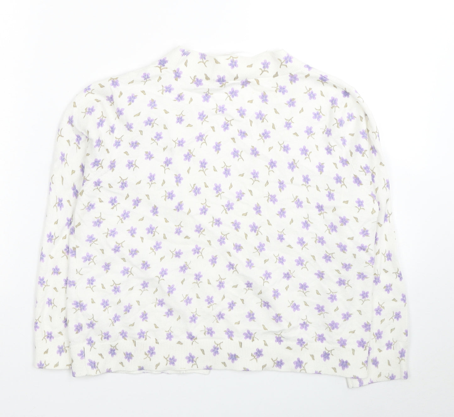 TU Womens White V-Neck Floral Cotton Cardigan Jumper Size 8
