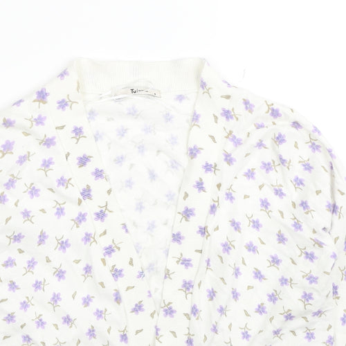 TU Womens White V-Neck Floral Cotton Cardigan Jumper Size 8